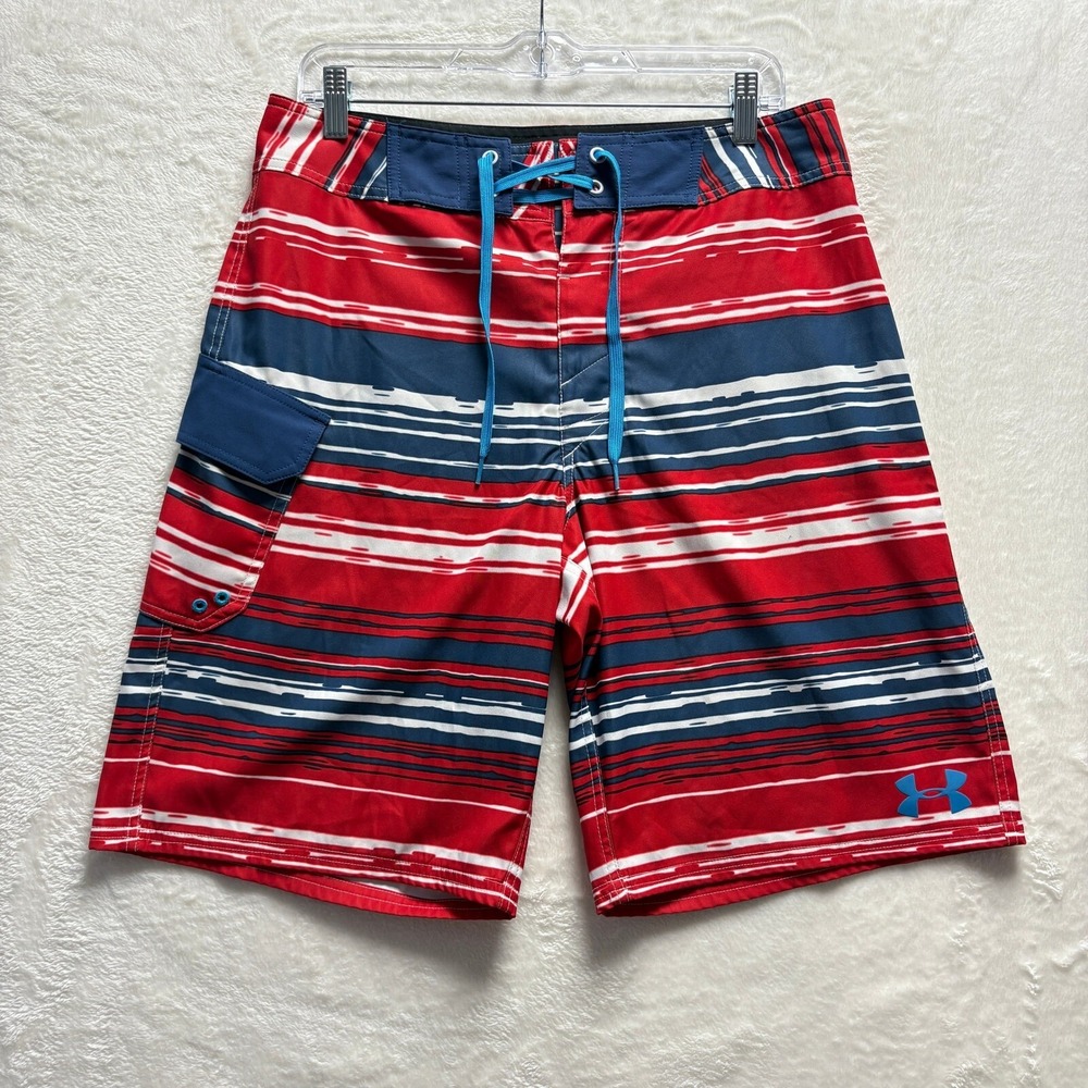 Under Armour Swim Trunks 32 Red White Blue Striped HeatGear‎ Loose Fit Men's